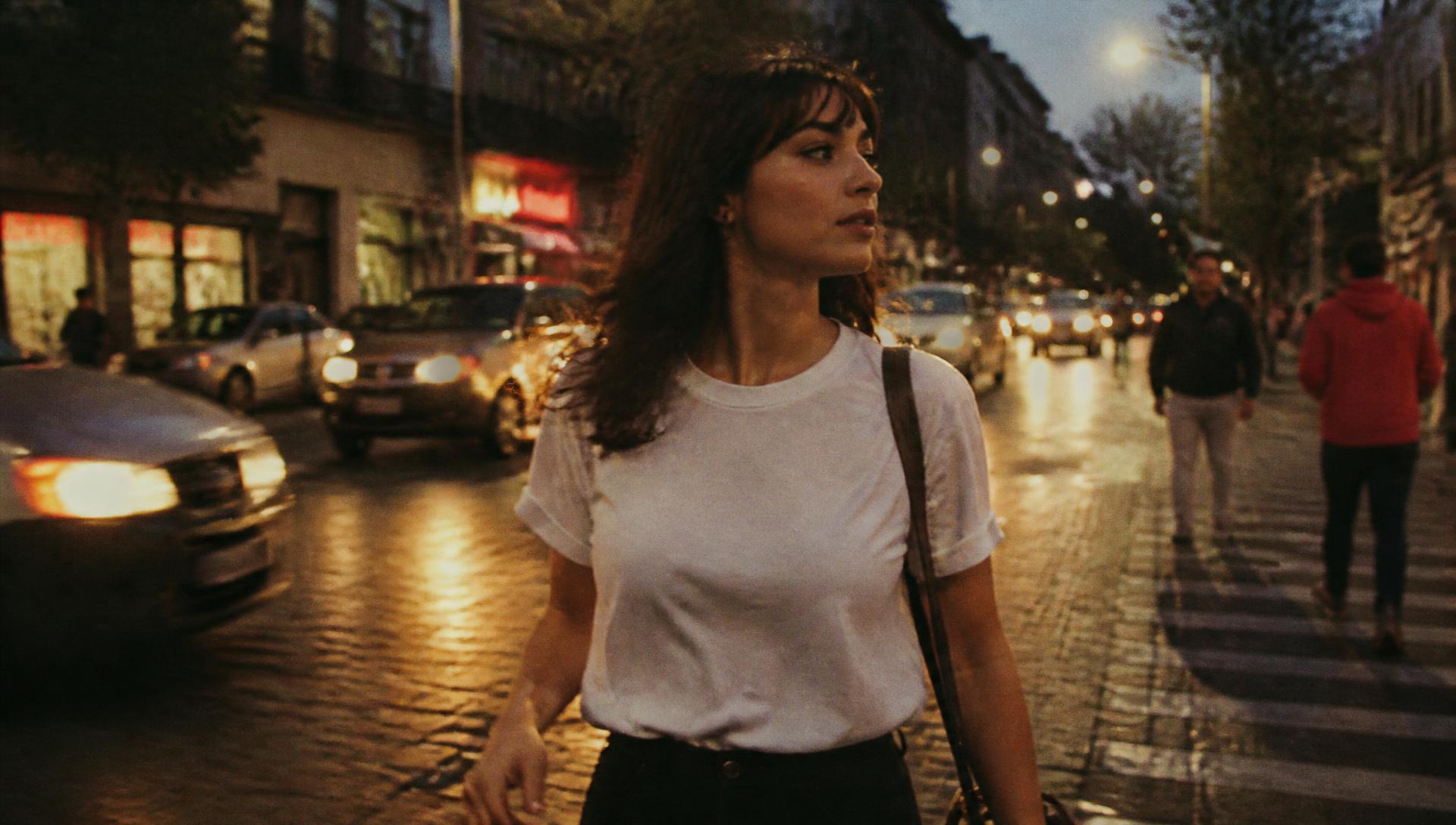 A woman in a white tee crossing a Mexico City street at dusk