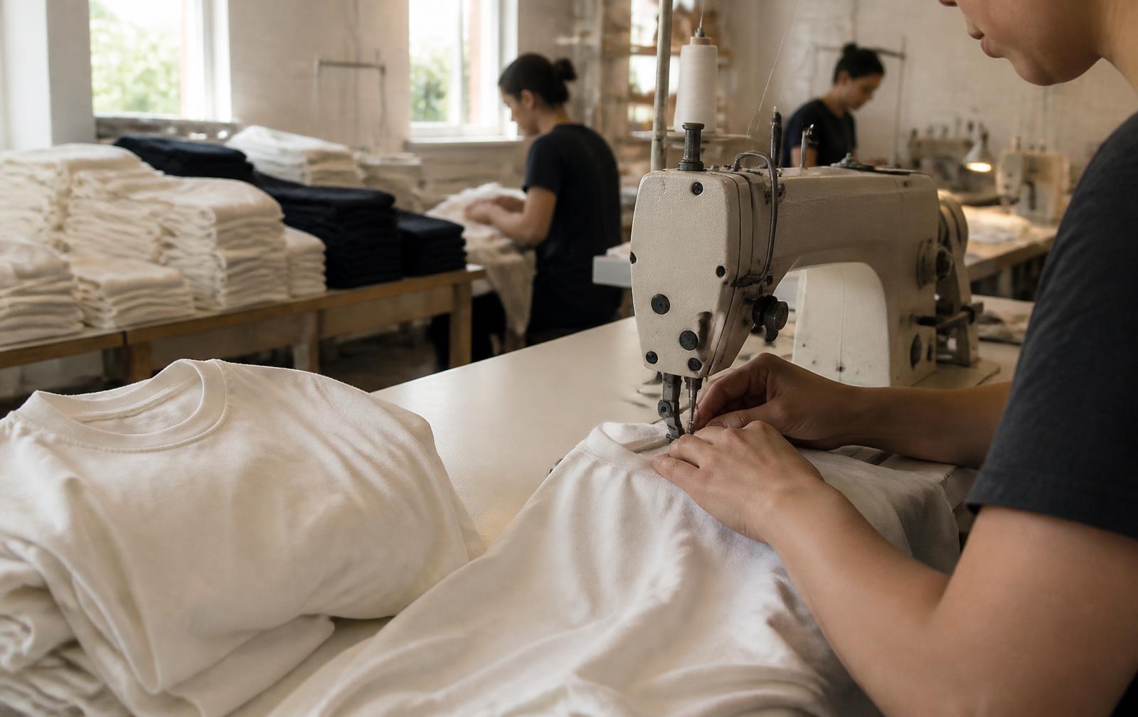 Hands sewing cotton t-shirts in a small workshop